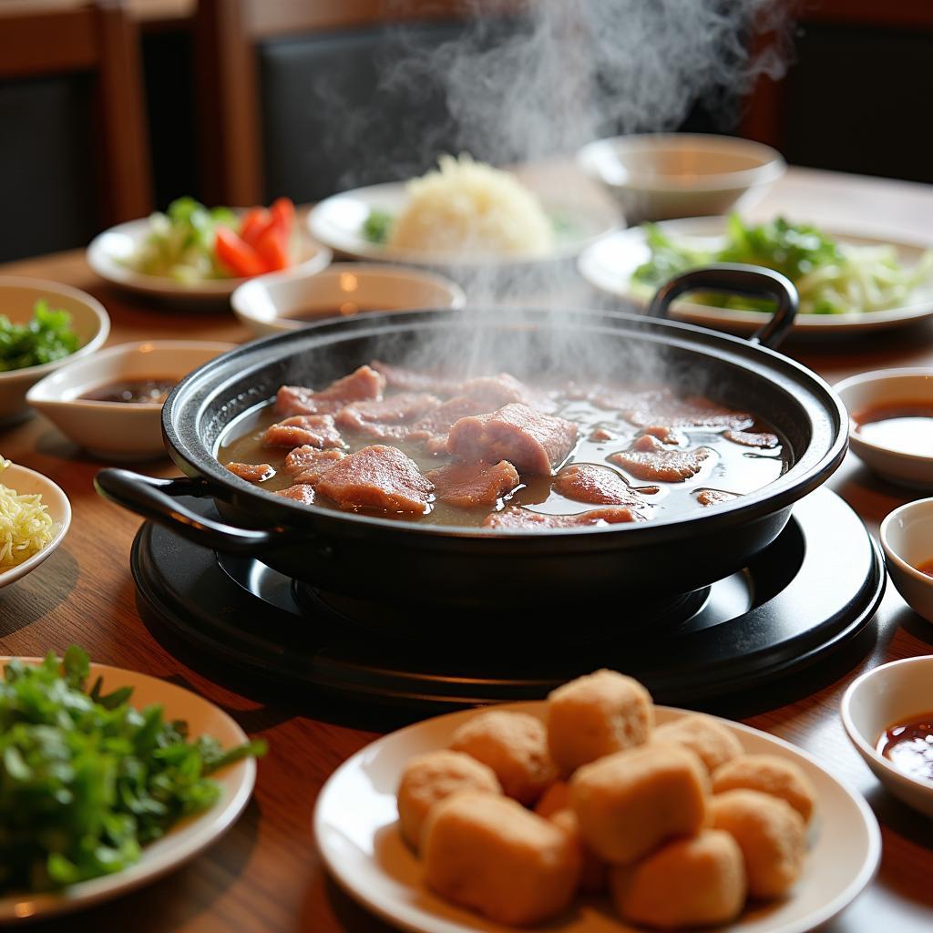 Lẩu bò nhúng dấm Gốc Đề Hải Phòng nhúng rau xanh mướt, nước lẩu chua ngọt đậm đà, hấp dẫn thực khách