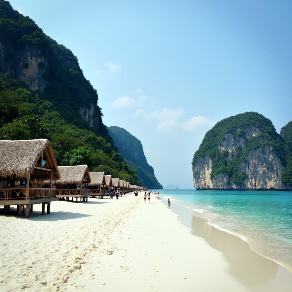 Bãi Cát Cò tại Vịnh Lan Hạ, Hải Phòng với bờ cát trắng mịn, làn nước trong xanh và những túp lều tranh nhỏ.