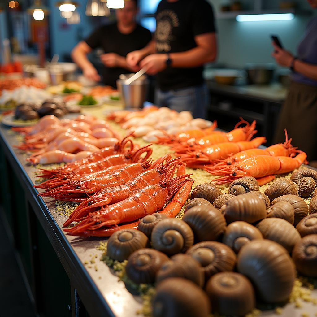 Bàn hải sản tươi sống ở Đồ Sơn với tôm, cua, ghẹ và ốc được bày bán