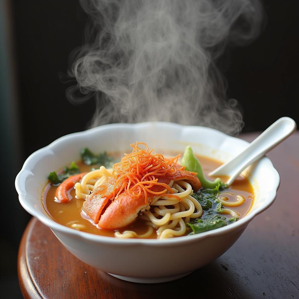 Bát bánh đa cua Hải Phòng nóng hổi với gạch cua béo ngậy, sợi bánh dai ngon, rau sống tươi xanh, được bán gần Cầu Tam Bạc