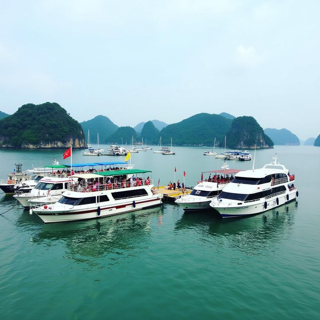 Những con tàu du lịch neo đậu tại Bến Bè Cát Bà, sẵn sàng đưa du khách khám phá vẻ đẹp Vịnh Lan Hạ