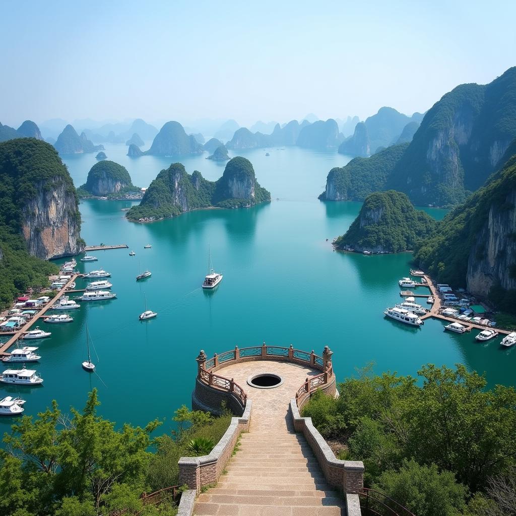 Toàn cảnh Bến Bè Cát Bà nhìn ra Vịnh Lan Hạ xanh biếc, những con tàu neo đậu, và đảo đá vôi hùng vĩ