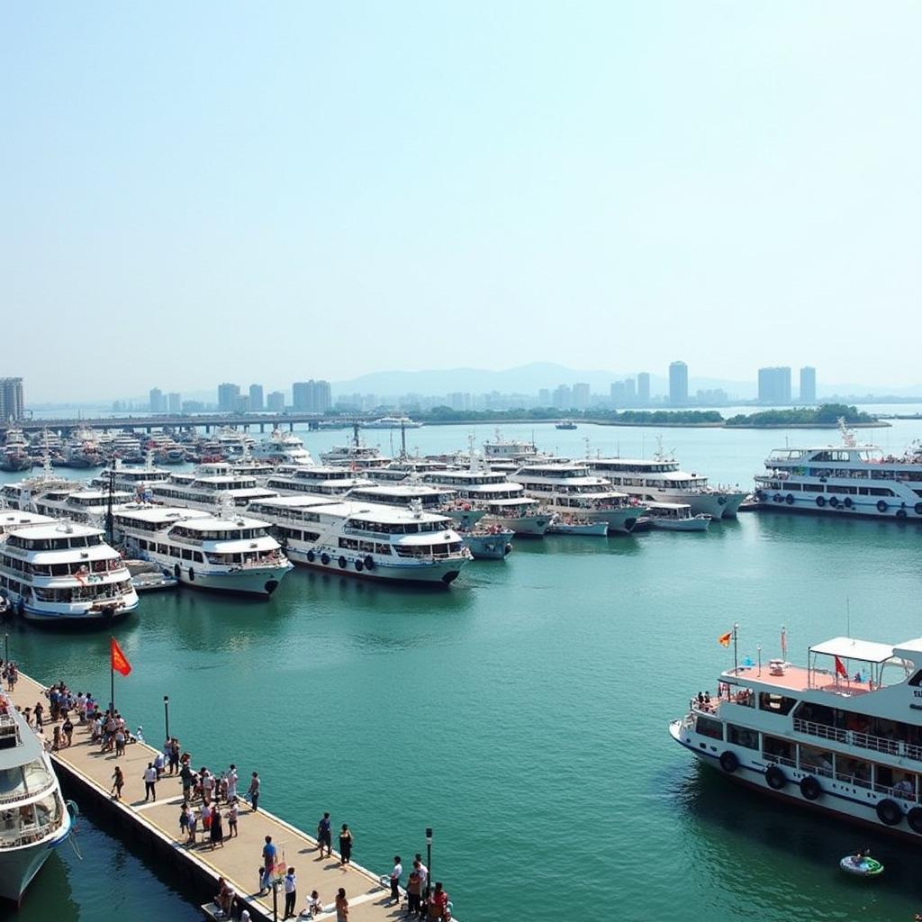 Toàn cảnh Cảng Cửa Cấm Hải Phòng nhộn nhịp với tàu thuyền neo đậu và du khách chuẩn bị lên tàu đi đảo Cát Bà