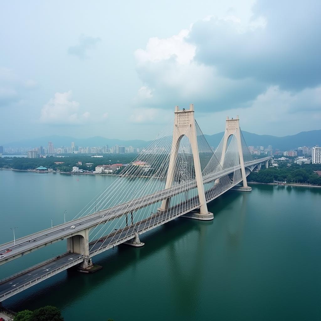 Toàn cảnh cầu Hoàng Văn Thụ Hải Phòng nhìn từ trên cao với kiến trúc cánh chim biển độc đáo