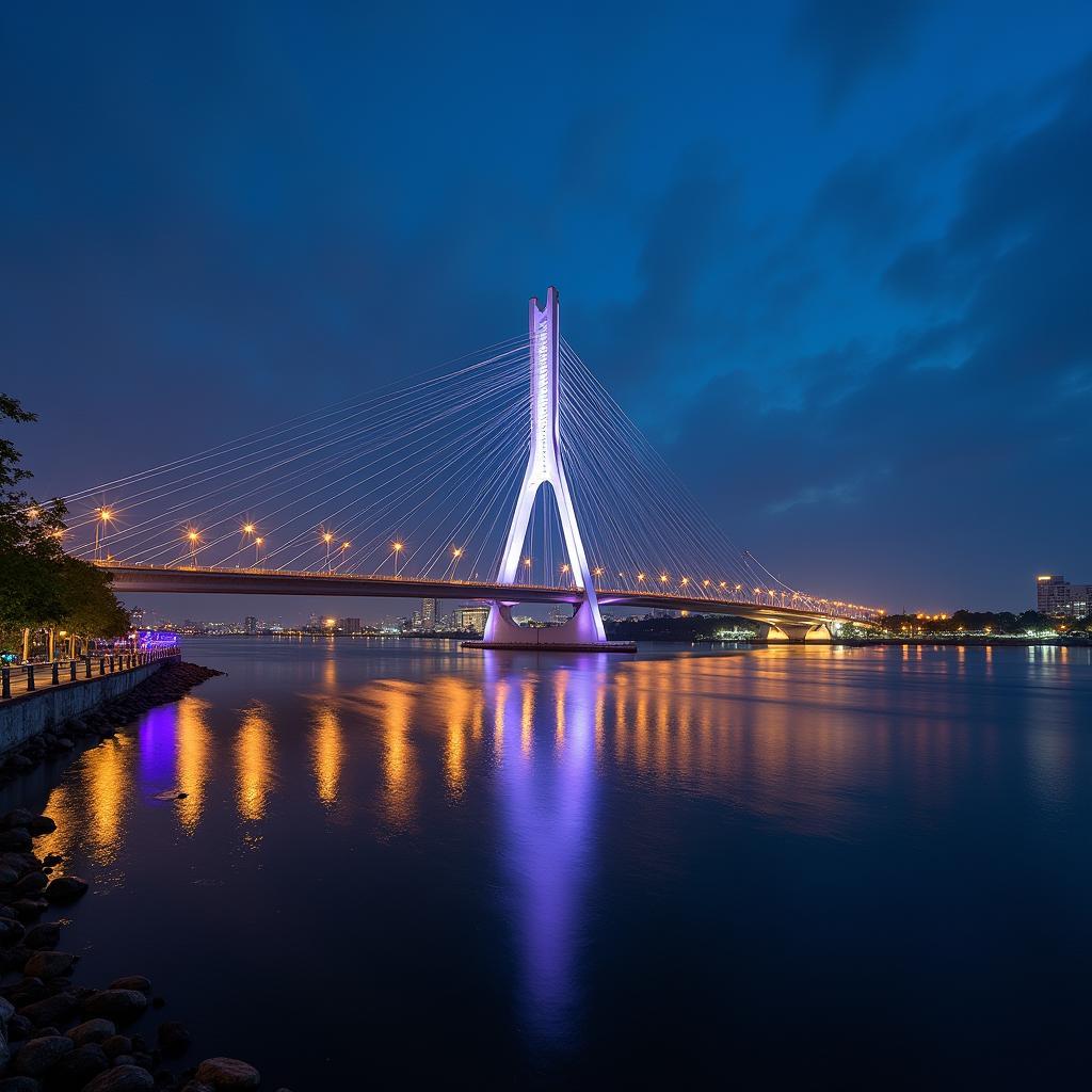 Toàn cảnh cầu Rào Hải Phòng kiến trúc hiện đại với ánh đèn lung linh vào ban đêm