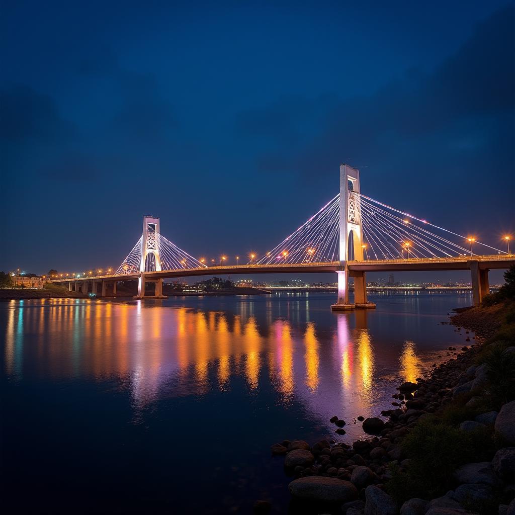 Toàn cảnh cầu Tam Bạc Hải Phòng lung linh về đêm với ánh đèn rực rỡ soi bóng xuống dòng sông Cấm