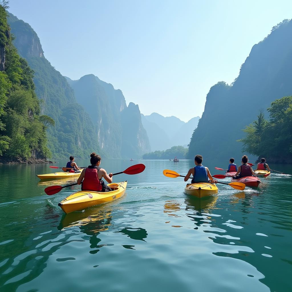 Du khách chèo thuyền kayak trên hồ nước trong xanh tại khu du lịch sinh thái Hải An