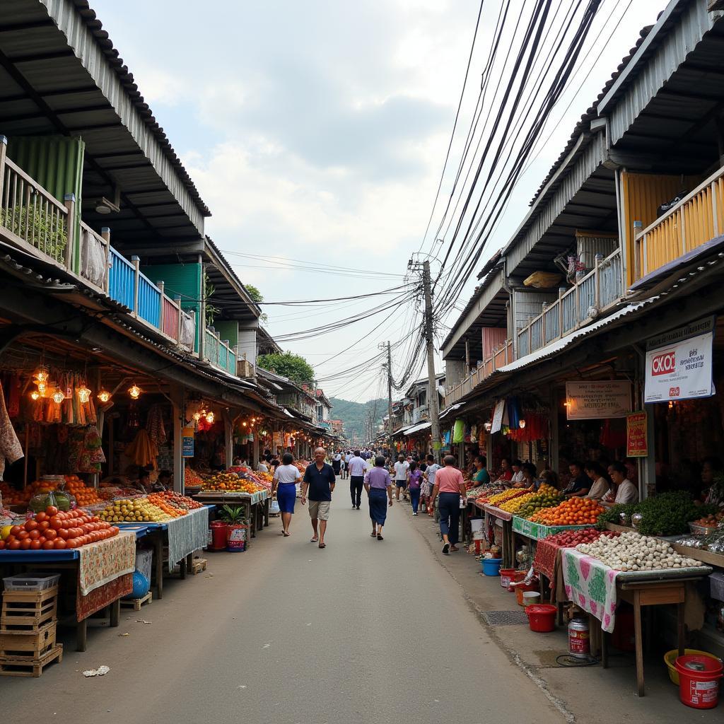 Toàn cảnh chợ Ga Buôn Ma Thuột nhộn nhịp với nhiều gian hàng và người mua bán tấp nập, thể hiện cuộc sống sinh động của người dân địa phương.