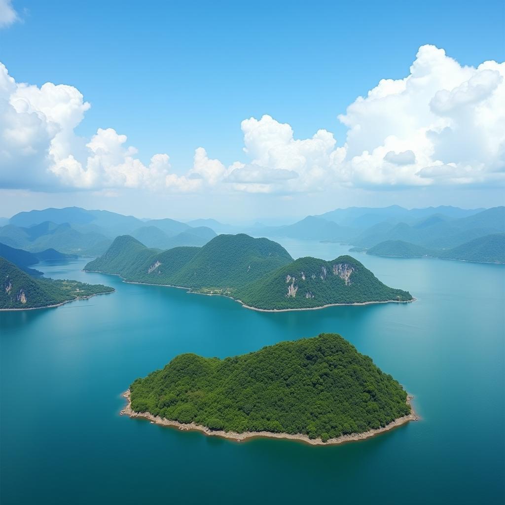 Toàn cảnh đảo Đầu Voi Hồ Lắk Đắk Lắk nhìn từ trên cao, mặt hồ xanh biếc, mây trời trong xanh