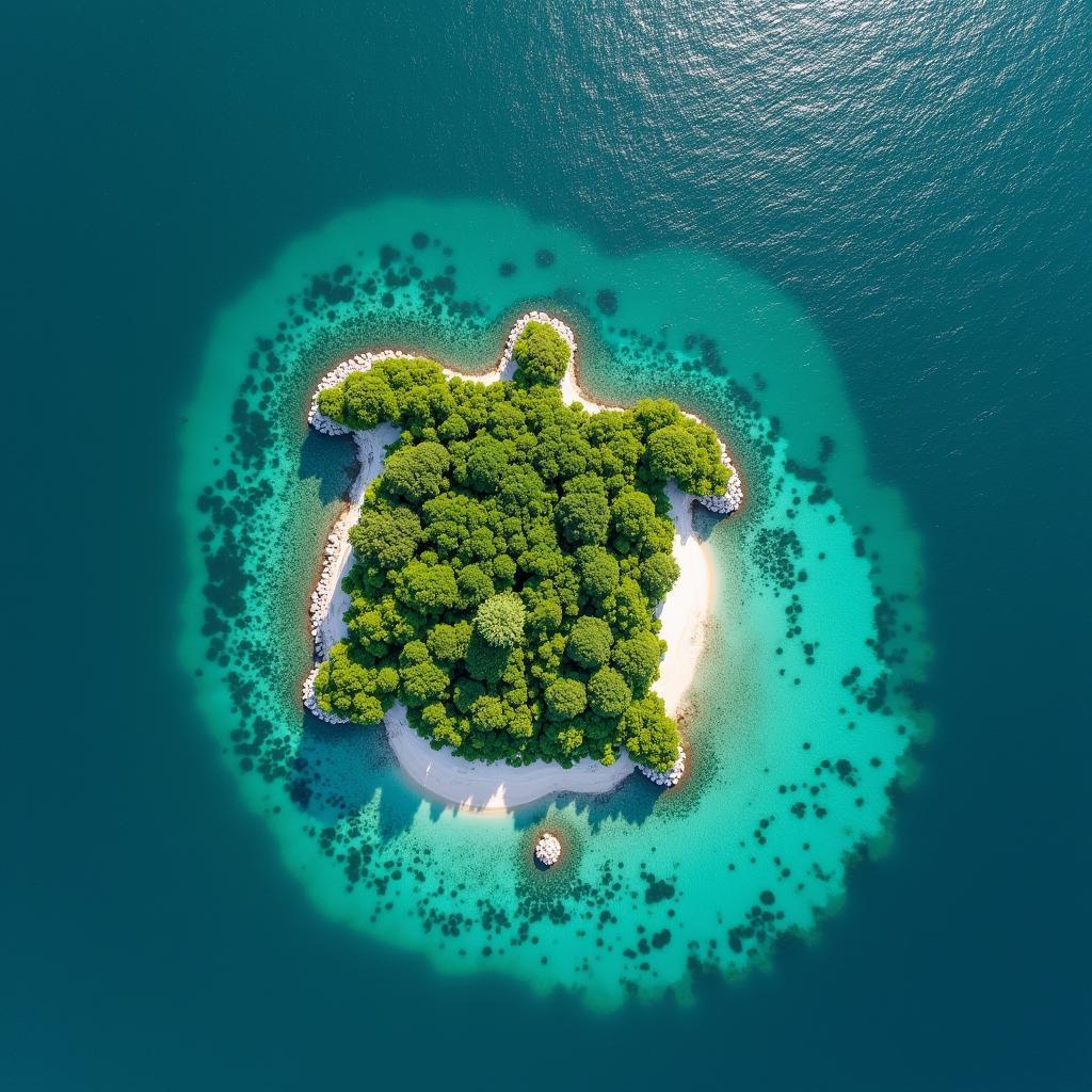 Toàn cảnh đảo Hòn Rùa Hải Phòng với hình dáng độc đáo nhìn từ trên cao, làn nước biển xanh ngọc bích bao quanh.