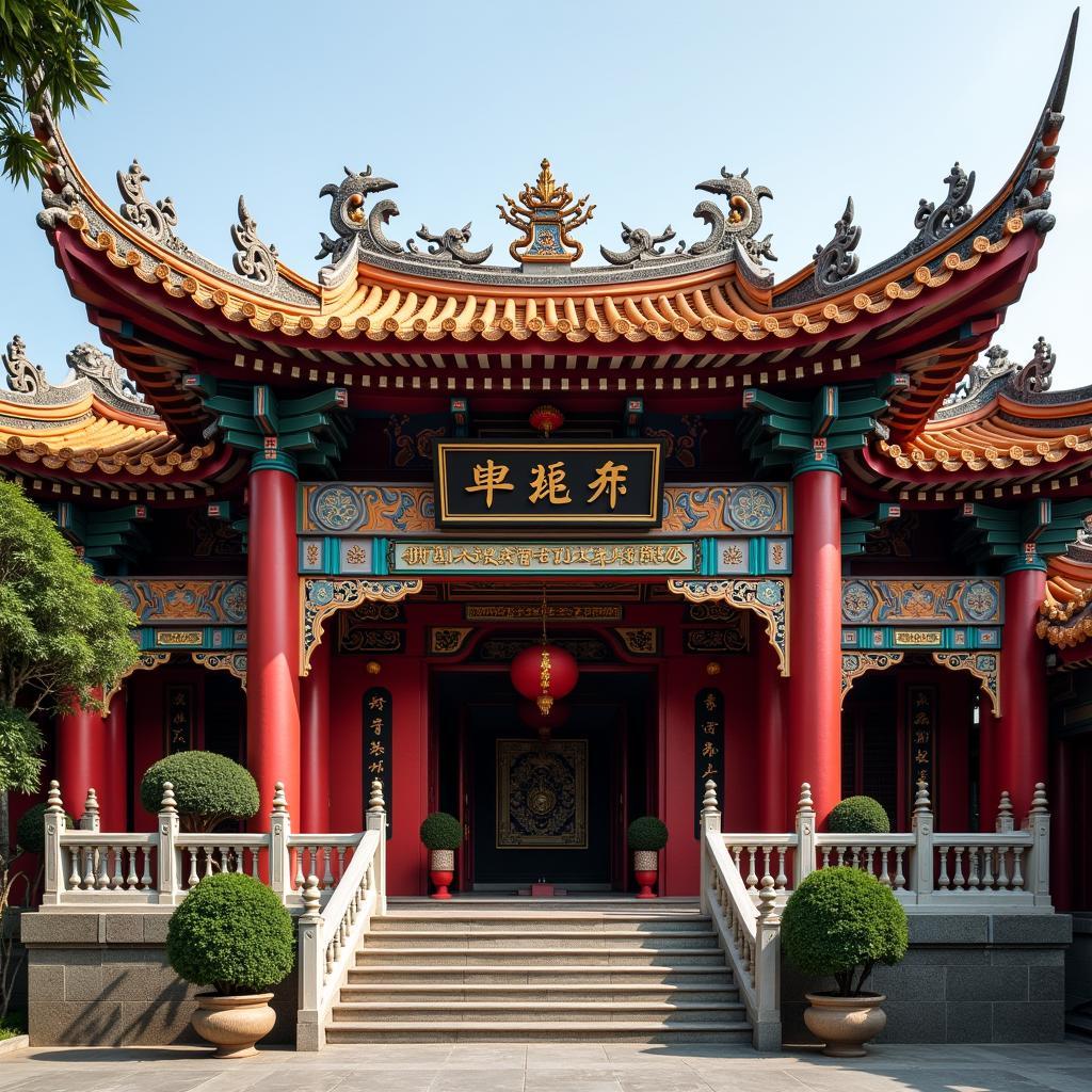 Kiến trúc Tam Quan uy nghi của Đền Nghè Quán Hải Phòng với mái ngói đỏ tươi và họa tiết chạm khắc tinh xảo