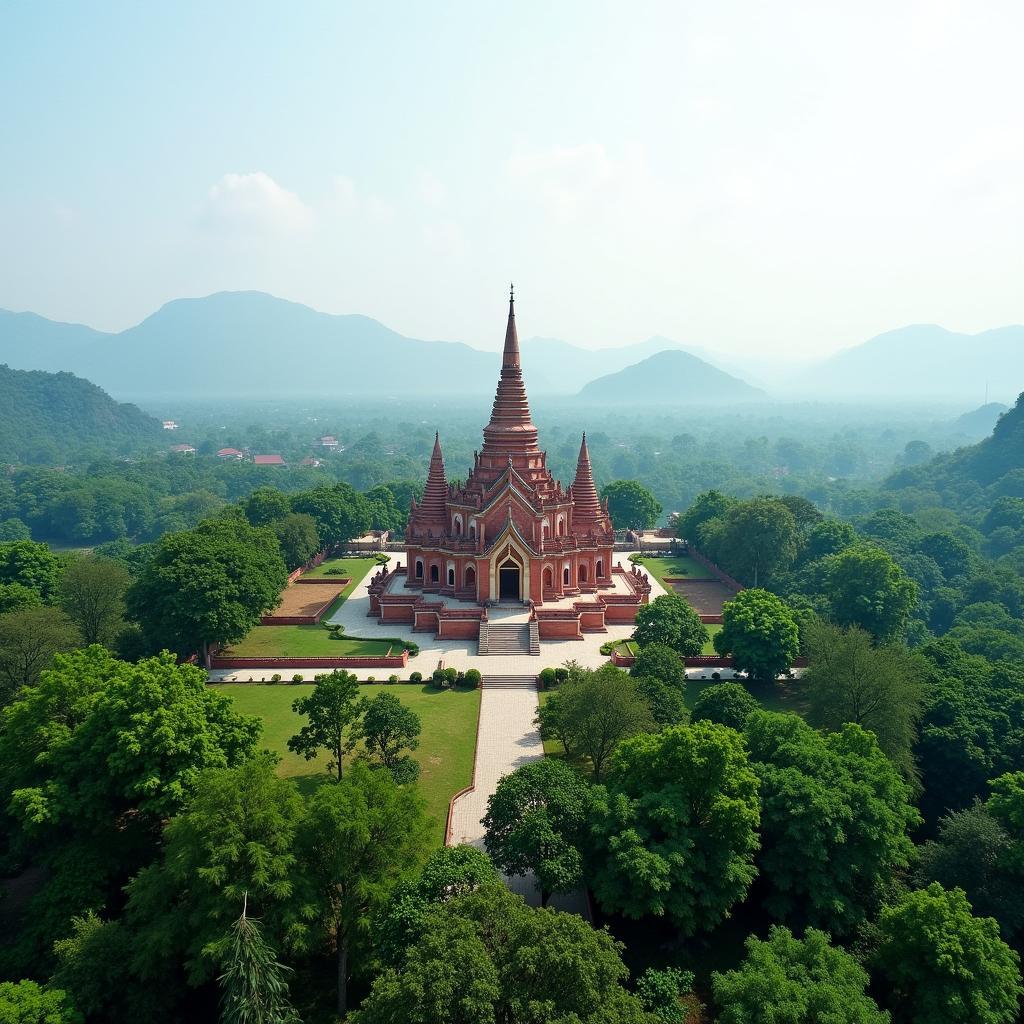 Toàn cảnh đền Nghi Môn Đắk Lắk với kiến trúc cổ kính và không gian xanh mát xung quanh