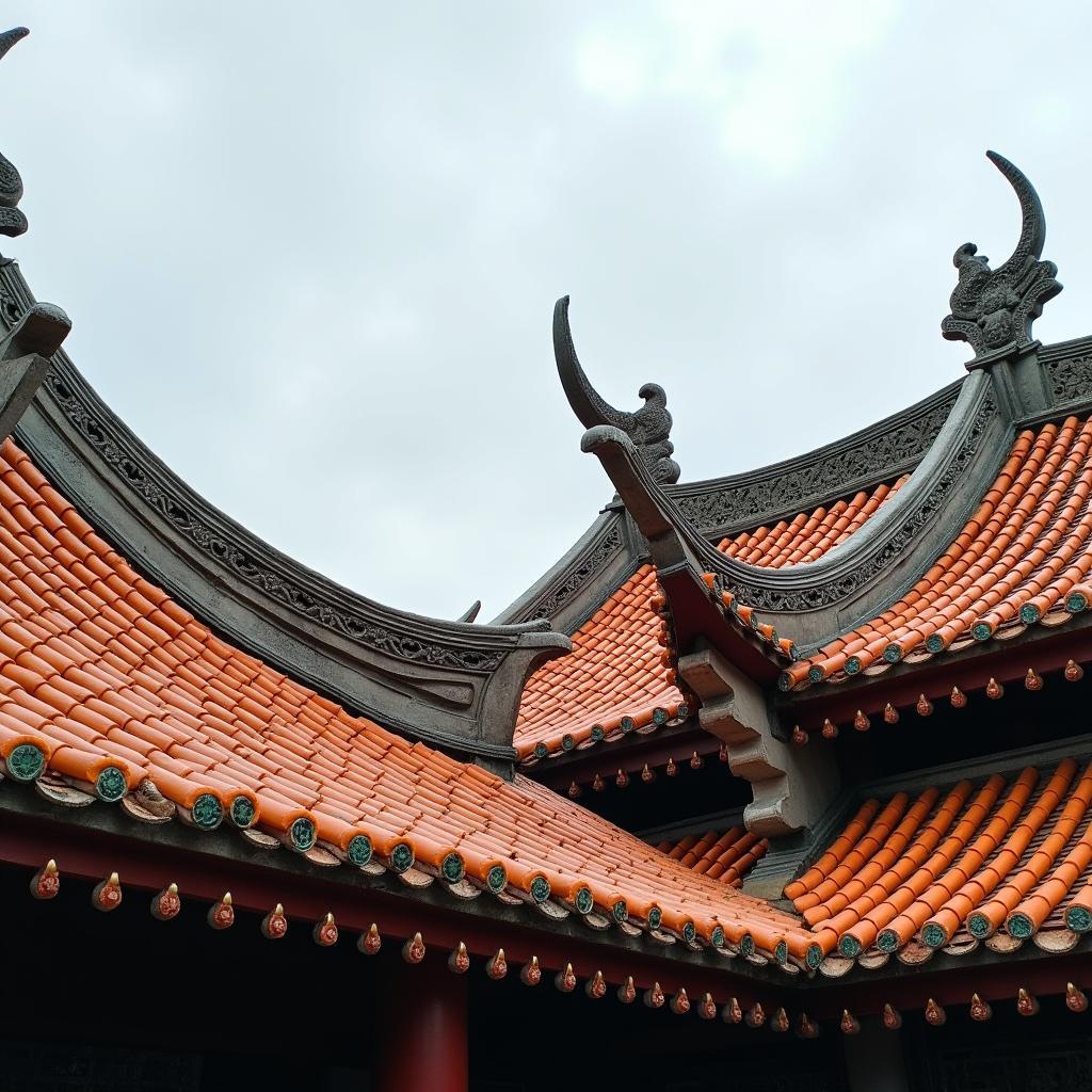 Cận cảnh kiến trúc mái ngói cong vút của đền Nghi Môn Đắk Lắk, thể hiện nét đẹp truyền thống