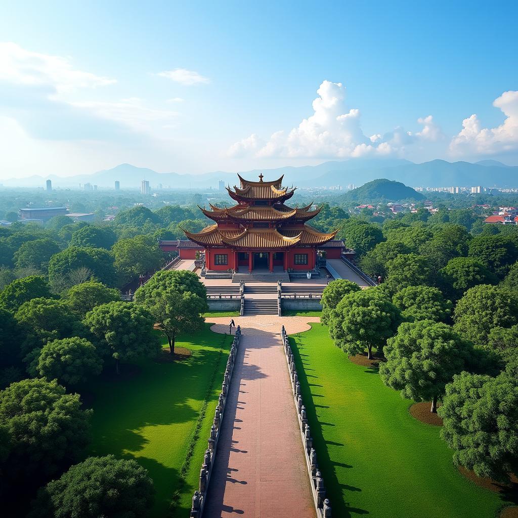 Toàn cảnh đền Tràng Kênh Hải Phòng, kiến trúc cổ kính uy nghiêm giữa không gian xanh mát, bầu trời trong xanh