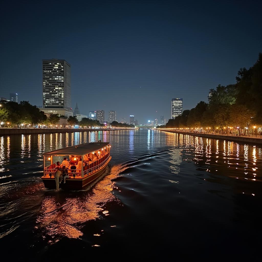 Du khách trải nghiệm đi thuyền ngắm cảnh sông Tam Bạc về đêm, tận hưởng không khí mát mẻ và chiêm ngưỡng vẻ đẹp của thành phố
