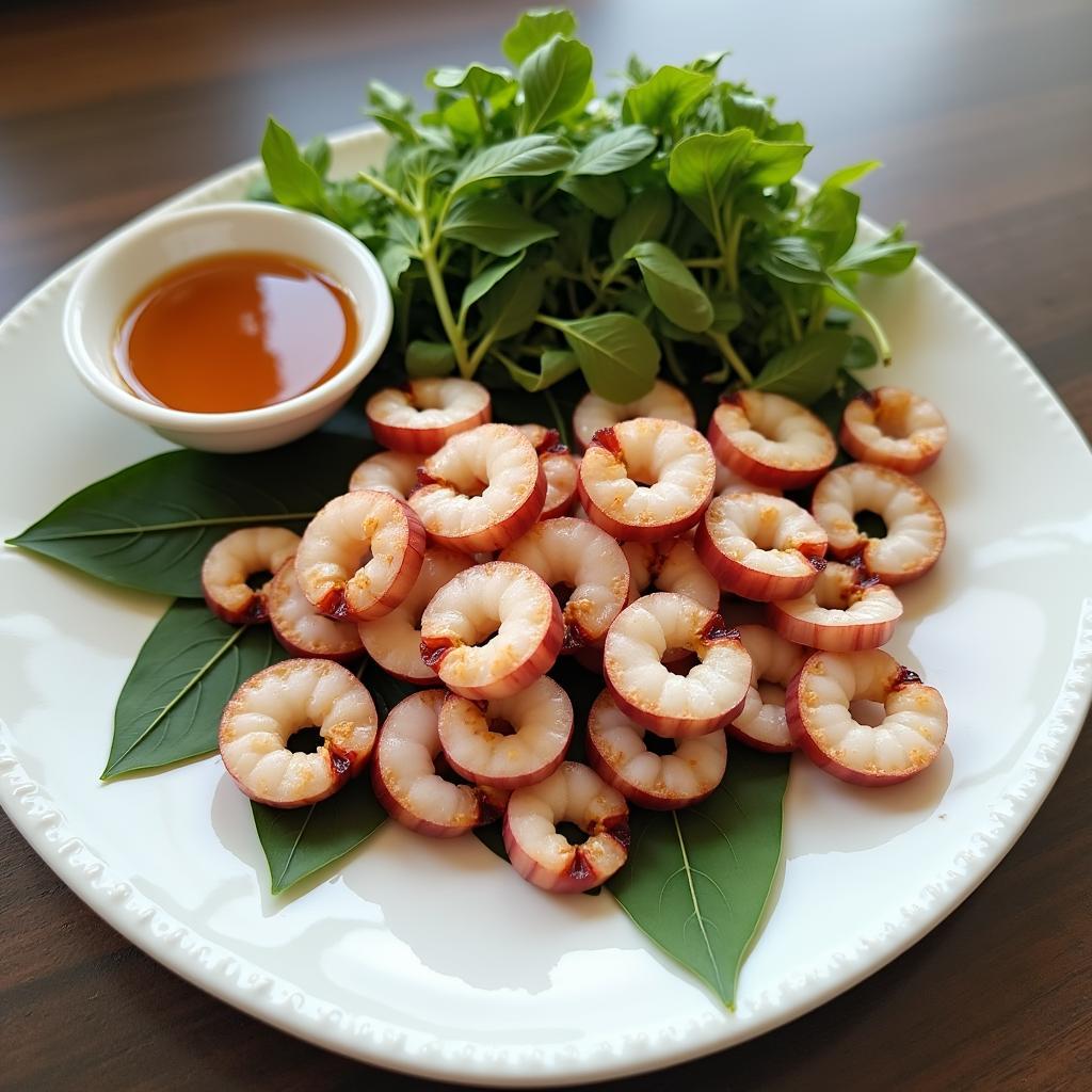 Đĩa mực nướng Cát Hải ăn kèm rau sống và nước chấm hấp dẫn