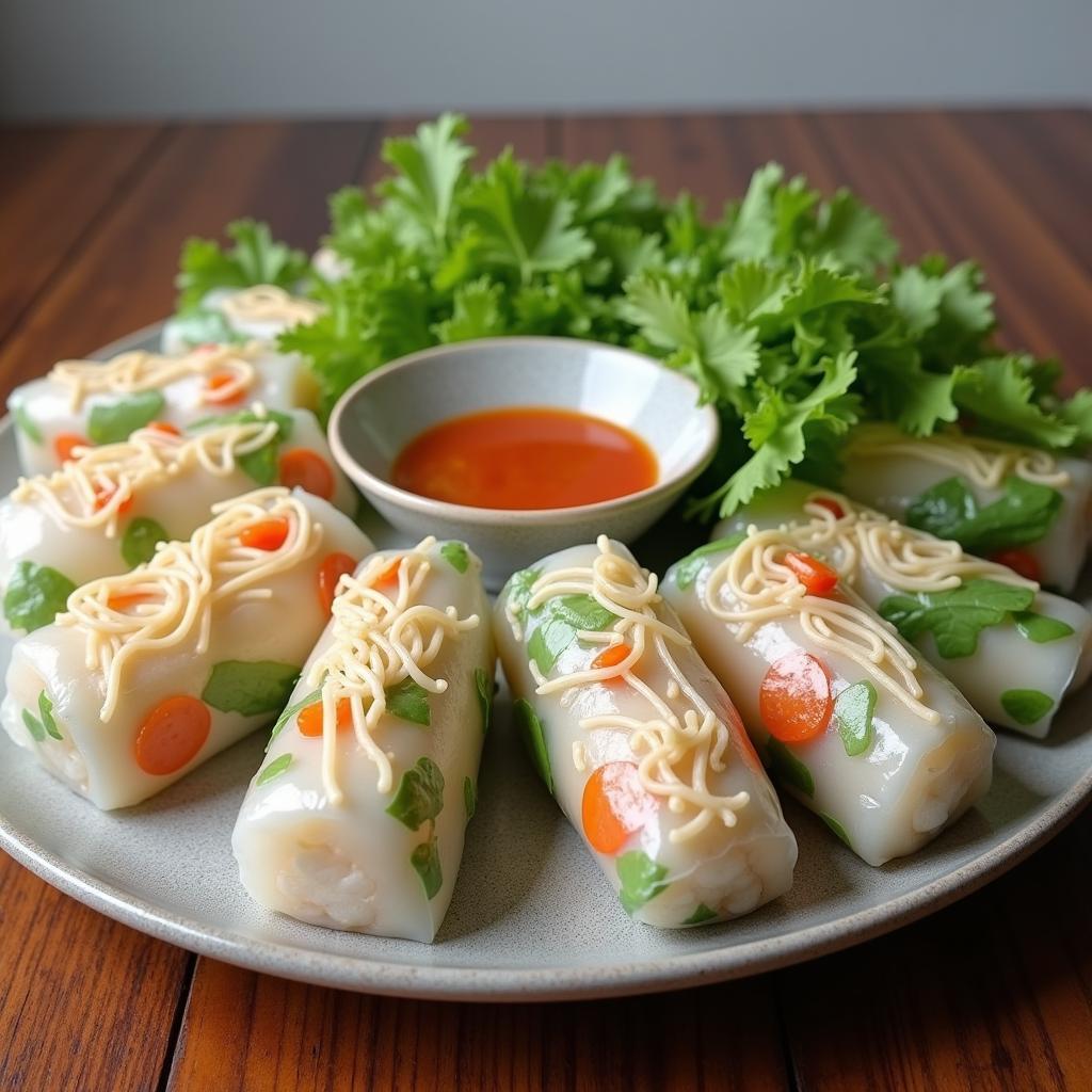 A plate of Hai Phong crab spring rolls served with vermicelli noodles, fresh herbs, and dipping sauce