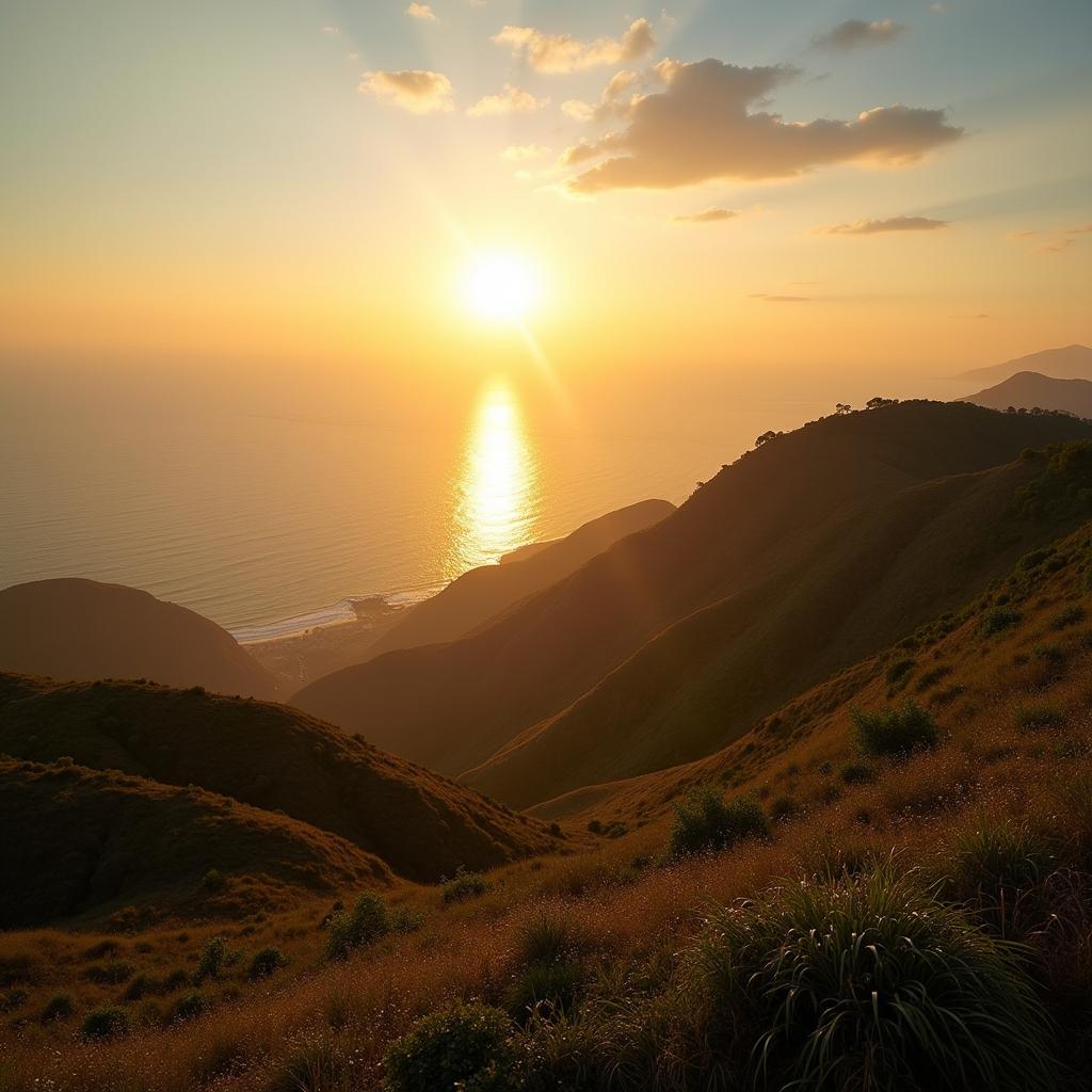 Bình minh trên đồi Vọng Cảnh Đồ Sơn Hải Phòng với ánh nắng vàng rực rỡ chiếu xuống mặt biển