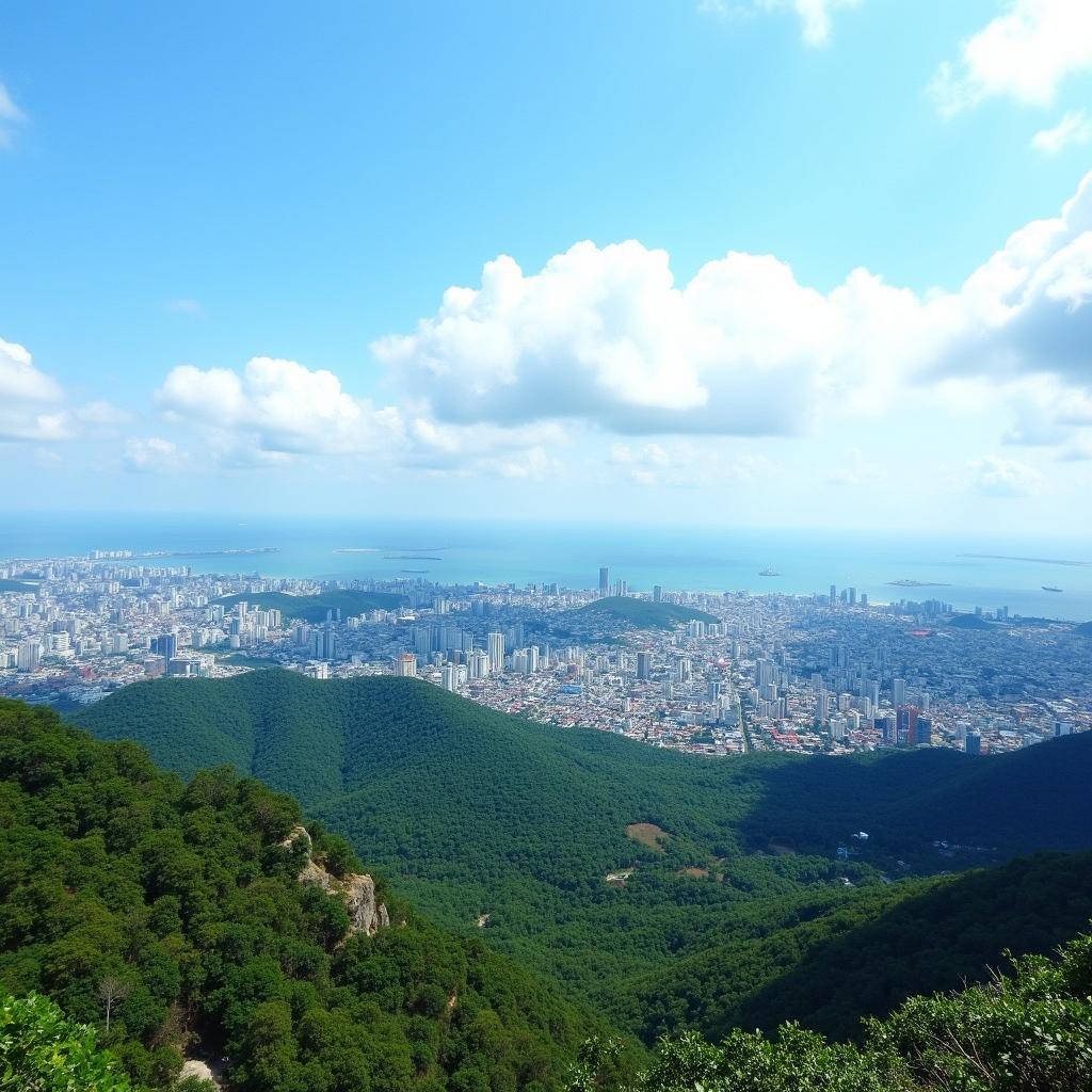 Toàn cảnh đồi Vọng Cảnh Đồ Sơn Hải Phòng với tầm nhìn bao quát biển và thành phố, trời xanh mây trắng