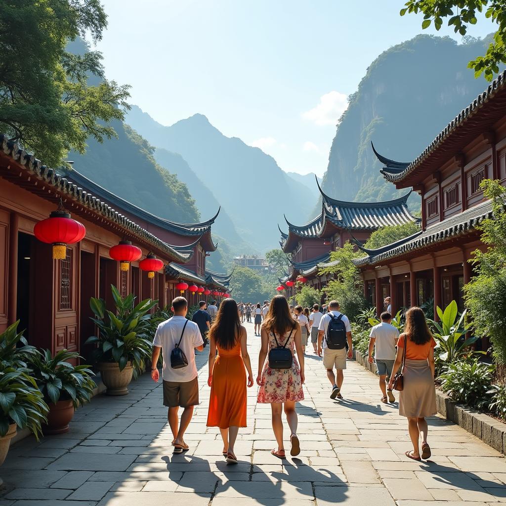 Du khách mặc trang phục lịch sự tham quan chùa Hang Đồ Sơn vào một ngày nắng đẹp