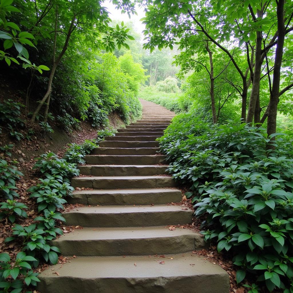 Đường lên đỉnh núi Đèo Hải Phòng với những bậc thang đá và rừng cây xanh mát, thách thức người leo núi