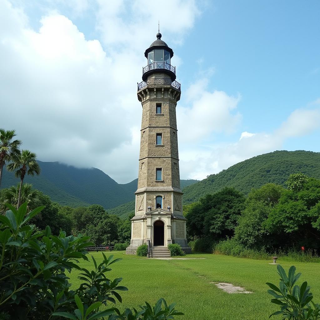 Ngọn hải đăng Hòn Dấu cổ kính, kiến trúc Pháp, nổi bật giữa cảnh quan thiên nhiên xanh mát