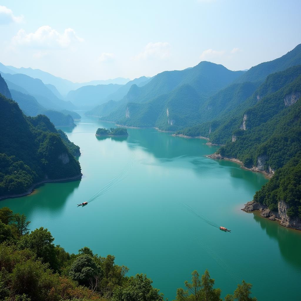 Toàn cảnh Hồ Lăk Đắk Lắk nhìn từ trên cao, mặt hồ xanh biếc, xung quanh là núi rừng hùng vĩ, một vài thuyền độc mộc đang lướt trên mặt hồ.