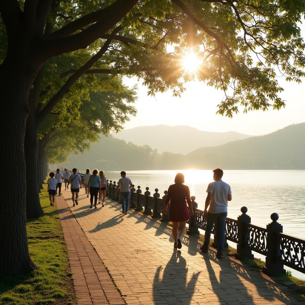 Người dân và du khách đi dạo quanh Hồ Tam Bạc vào buổi chiều tà, tận hưởng không khí trong lành