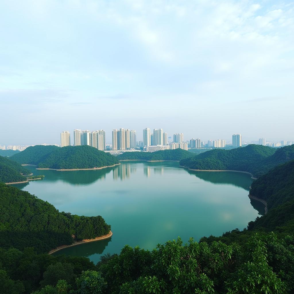 Toàn cảnh hồ Tam Bạc Hải Phòng với hàng cây xanh mát và những tòa nhà cao tầng phía xa