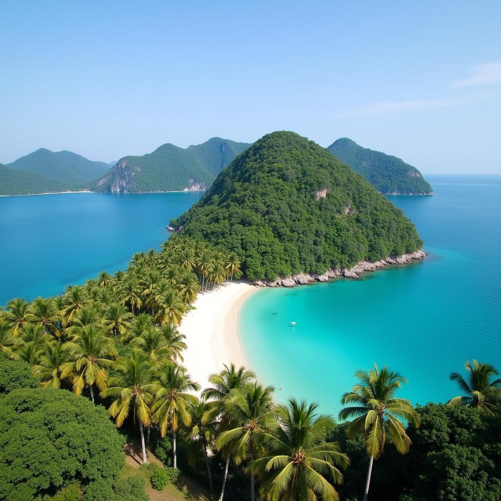 Toàn cảnh đảo Hòn Chuông Đắk Lắk với bãi biển cát trắng, làn nước trong xanh và những hàng dừa xanh mát bao quanh.