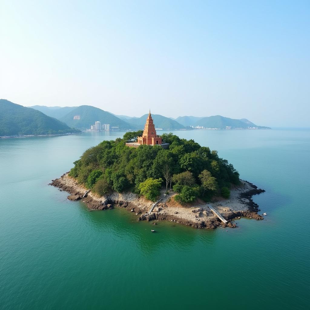 Toàn cảnh đảo Hòn Tháp Đồ Sơn Hải Phòng với ngọn tháp cổ kính trên đỉnh đảo