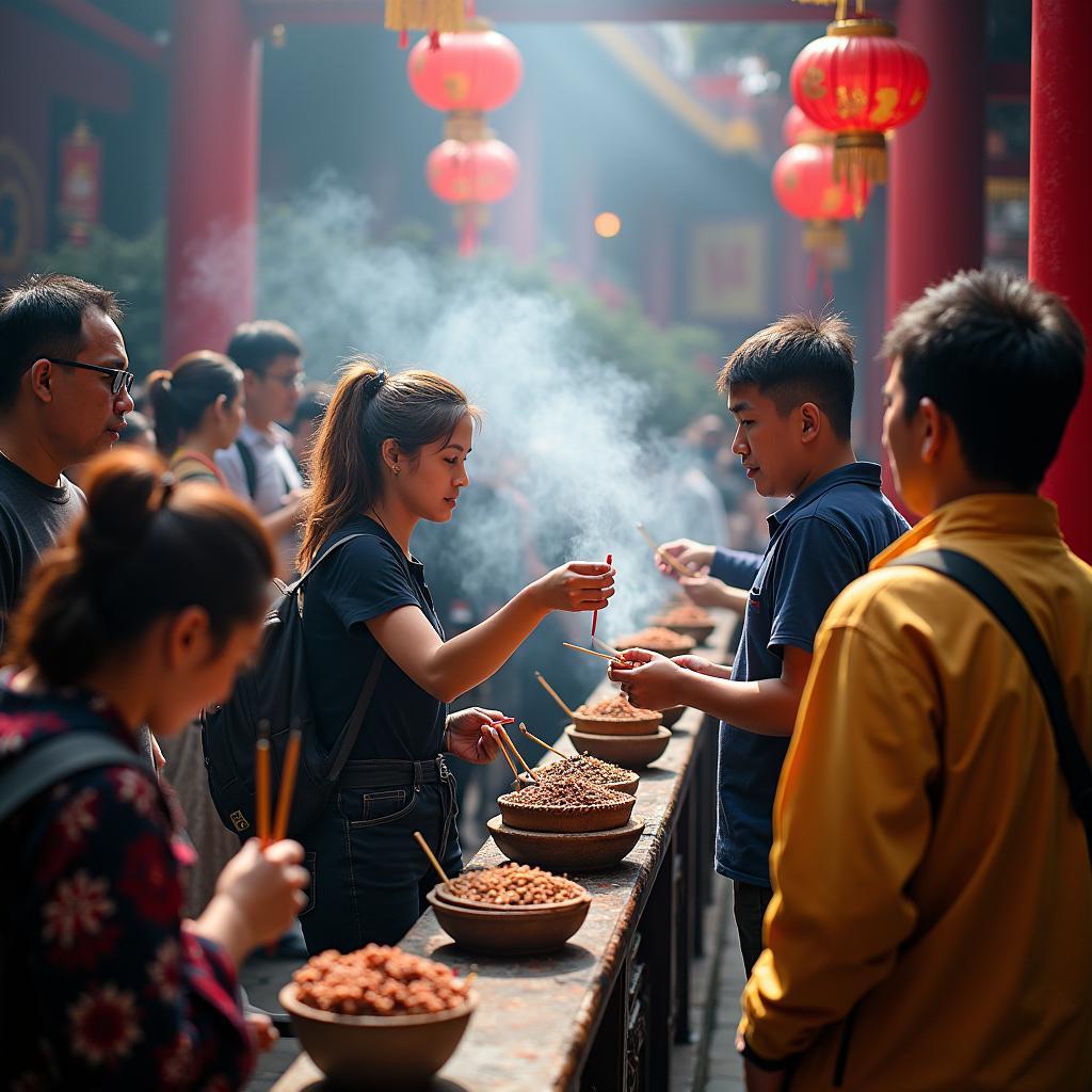 Khách du lịch dâng hương tại đền Bà Đế Hải Phòng để cầu may mắn và bình an