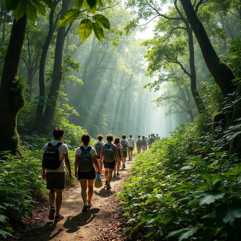 Khách du lịch khám phá rừng nguyên sinh Hòn Dấu Hải Phòng, trải nghiệm thiên nhiên hoang sơ và hệ sinh thái đa dạng.