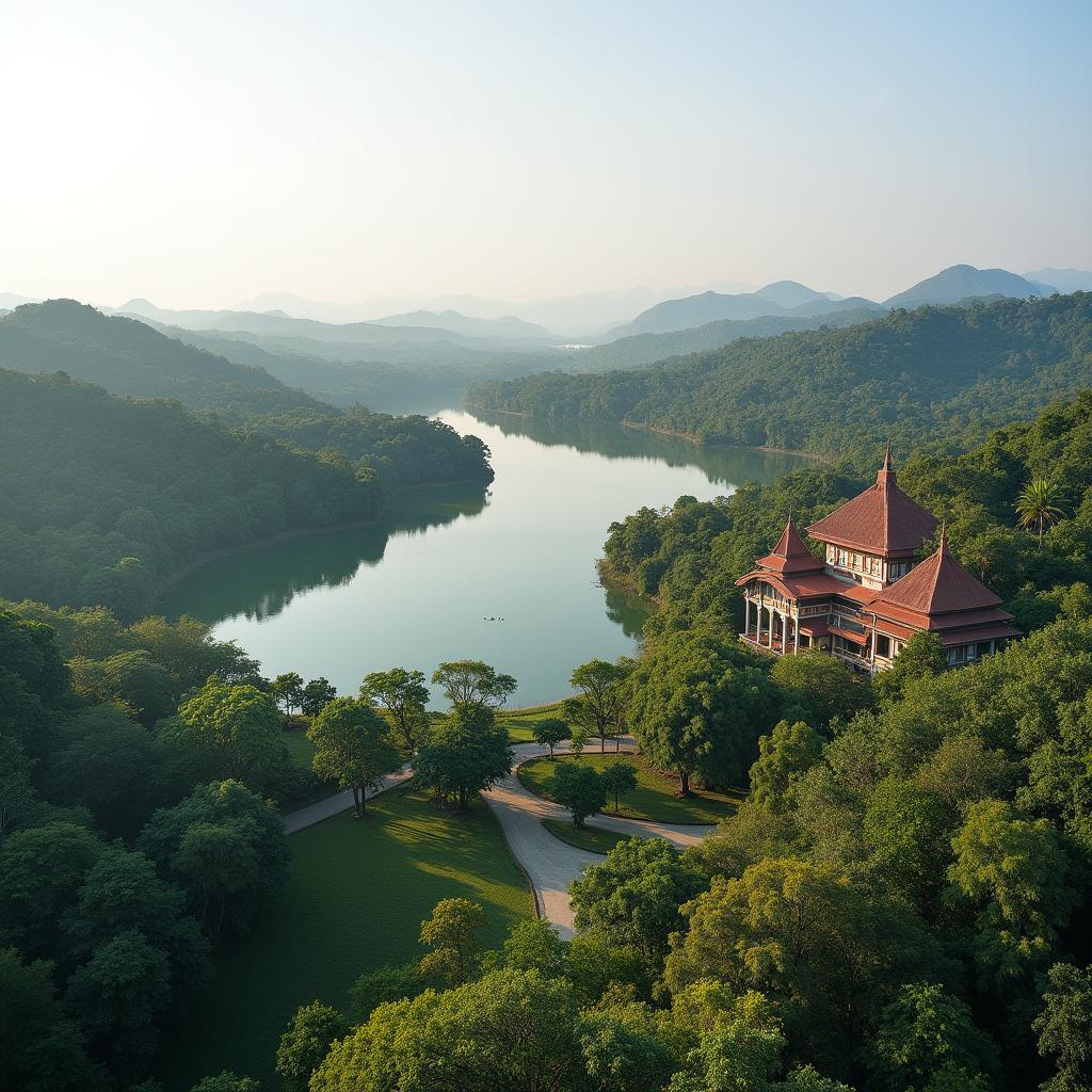 Toàn cảnh khu du lịch Ko Tam Buôn Ma Thuột với hồ nước và kiến trúc độc đáo