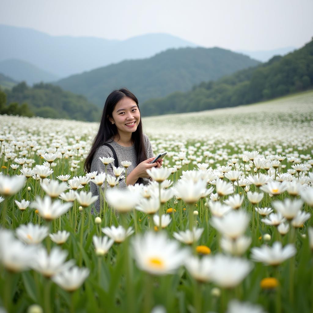 Khách du lịch tạo dáng chụp ảnh giữa vườn hoa cúc họa mi trắng tinh khôi tại Làng Hoa Hạ Lễ.