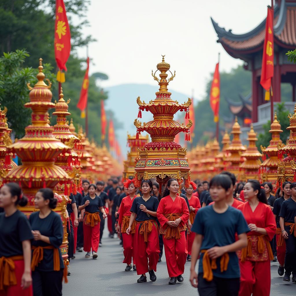 Lễ hội đền Tràng Kênh Hải Phòng, đám đông người dân tham gia rước kiệu và các hoạt động văn hóa truyền thống