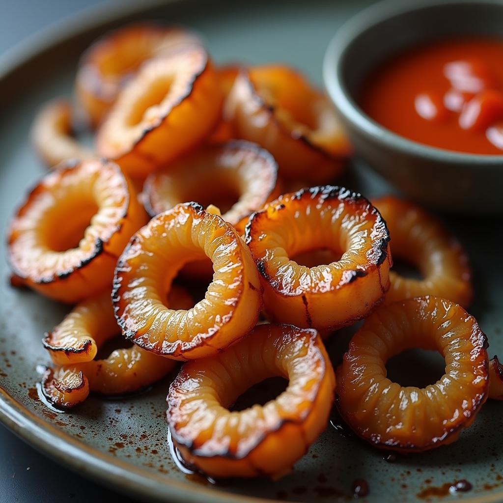 Mực khô Cát Bà nướng than hoa, chấm tương ớt ngon hấp dẫn