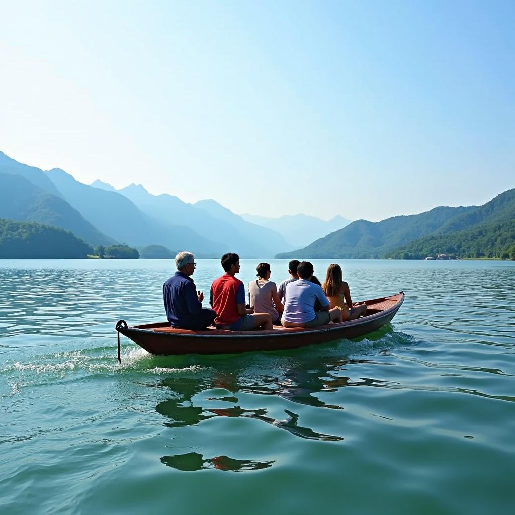 Du khách đang ngồi thuyền ngắm cảnh hồ Lắk từ đảo Đầu Bếp, tận hưởng không khí trong lành và vẻ đẹp thiên nhiên hùng vĩ.