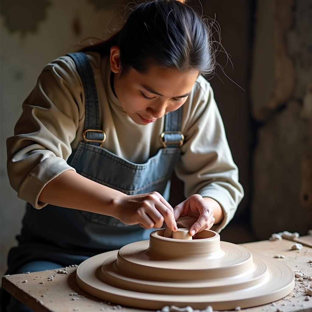 Nghệ nhân làng gốm Hải Phòng đang tập trung tạo hình một sản phẩm gốm trên bàn xoay, thể hiện sự khéo léo và tỉ mỉ trong từng công đoạn