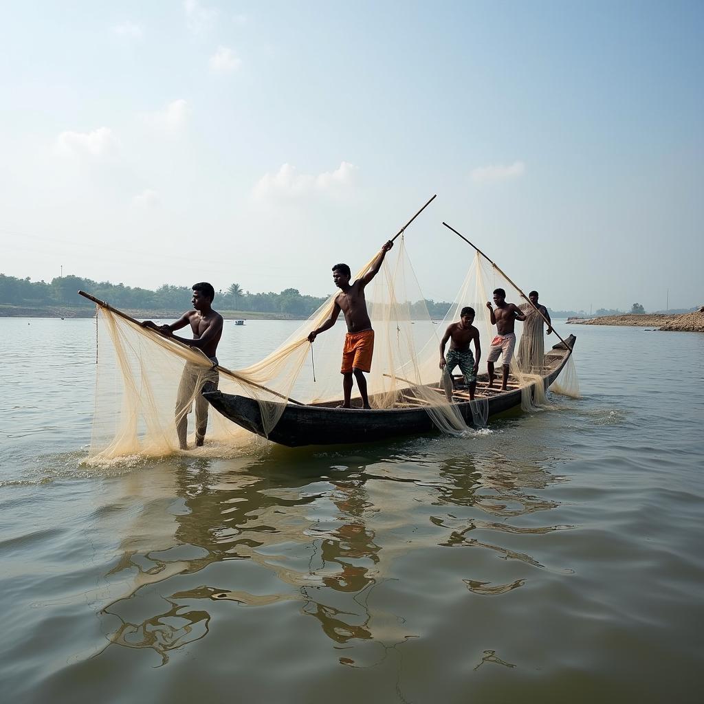 Ngư dân Làng Chài Bến Gót đang kéo lưới đánh bắt cá trên sông, một phần cuộc sống thường nhật của người dân địa phương