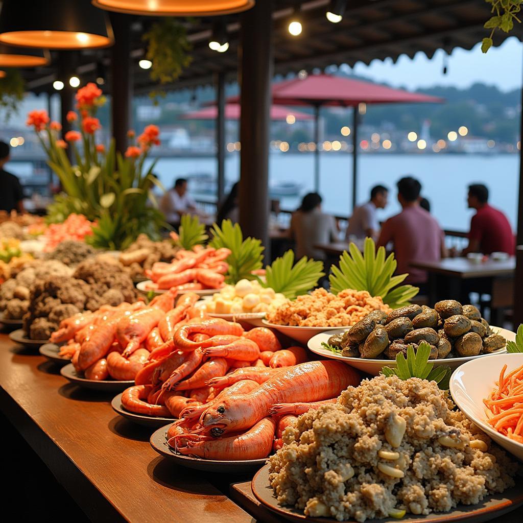 Một nhà hàng hải sản ven biển tại Cảng Cửa Cấm với nhiều loại hải sản tươi sống được trưng bày