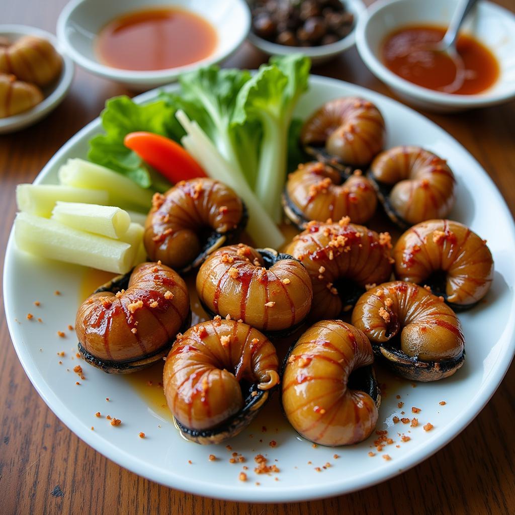 Toàn cảnh đĩa ốc cay Hải Phòng với nước chấm chua ngọt, rau sống, tăm ăn ốc