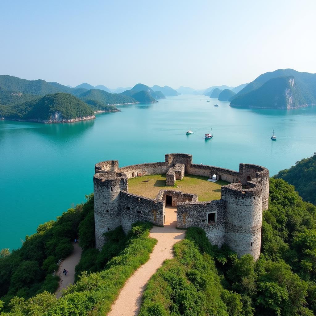 Toàn cảnh pháo đài Thần Công Cát Bà nhìn từ trên cao với vịnh Lan Hạ xanh biếc phía xa