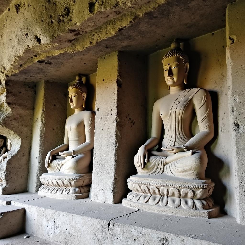 Các pho tượng Phật được tạc trực tiếp vào vách đá trong chùa Hang Đồ Sơn, thể hiện sự uy nghiêm và cổ kính