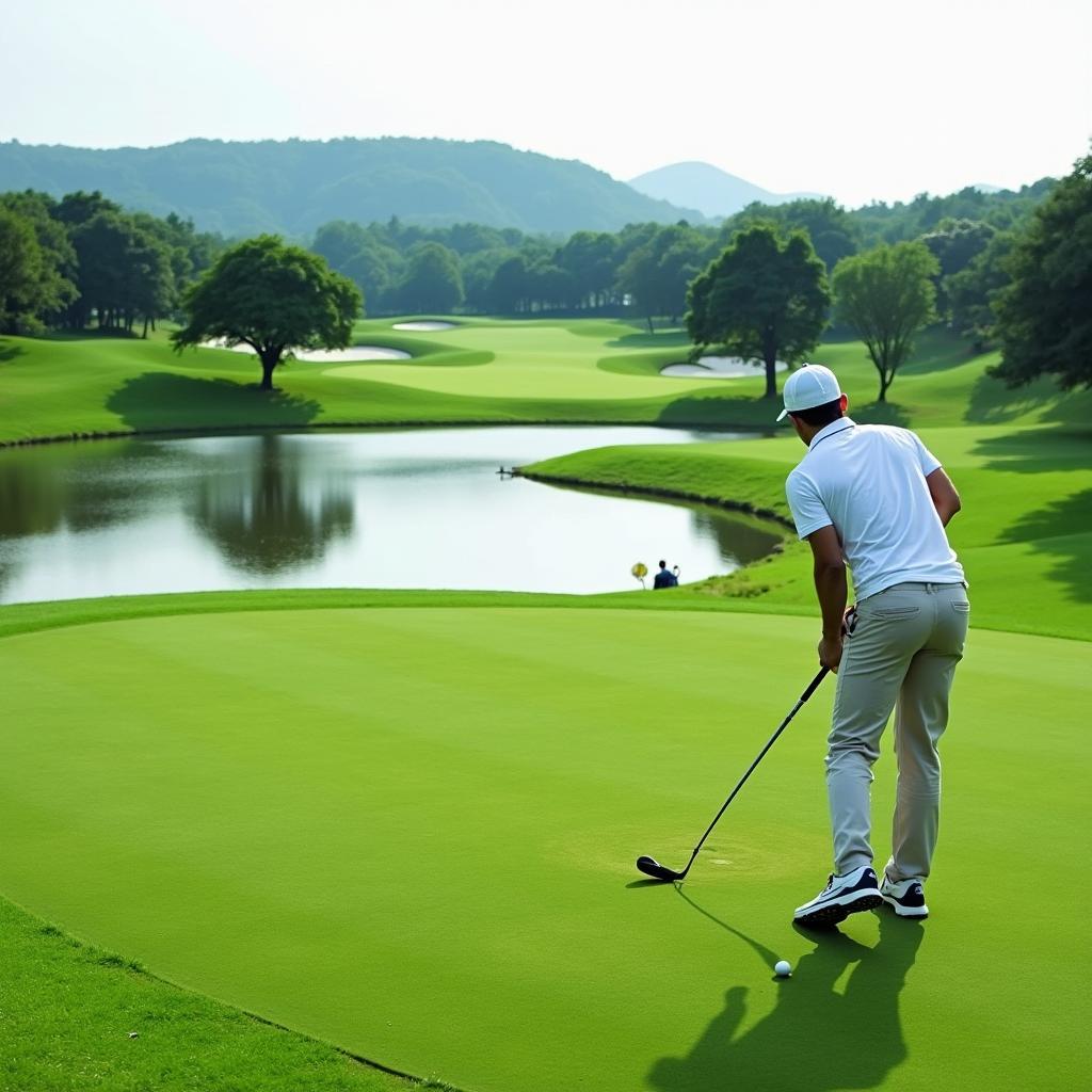 Sân Golf Vũ Yên Hải Phòng với thảm cỏ xanh mướt và hồ nước nhân tạo, người chơi đang thực hiện cú đánh