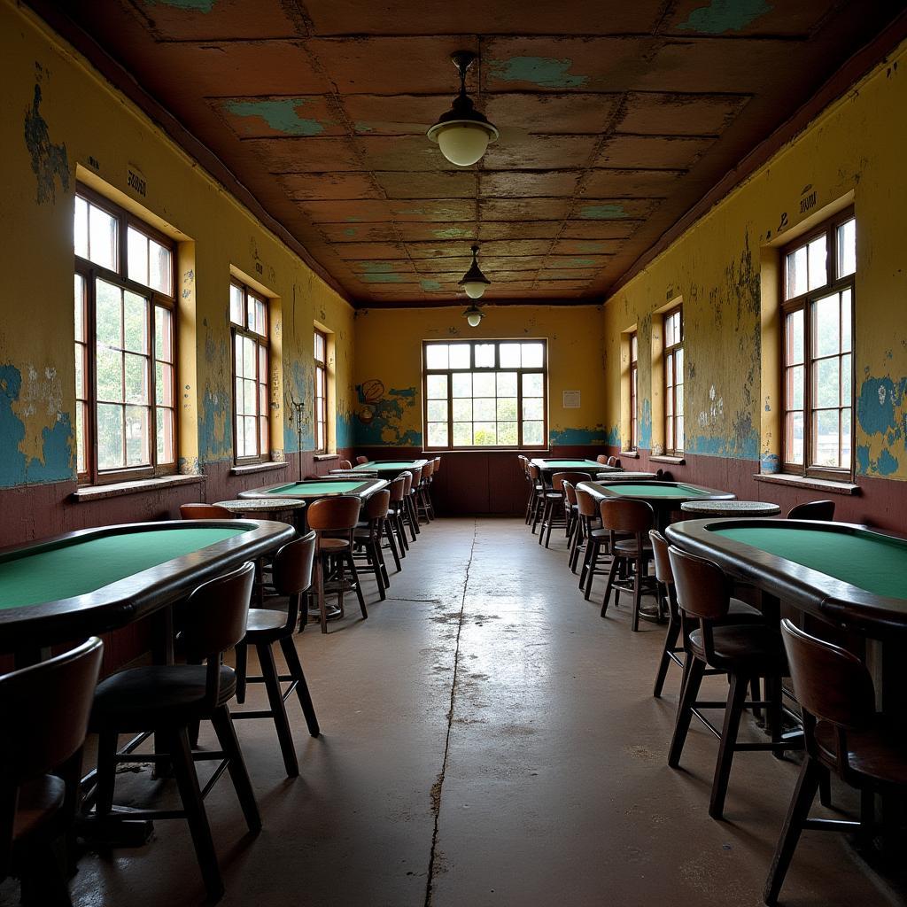 Bên trong khu vực phòng chơi của sòng bạc Đồ Sơn cũ, với những bức tường loang lổ, dấu vết thời gian, ánh sáng chiếu qua khung cửa sổ, tạo cảm giác hoài cổ.