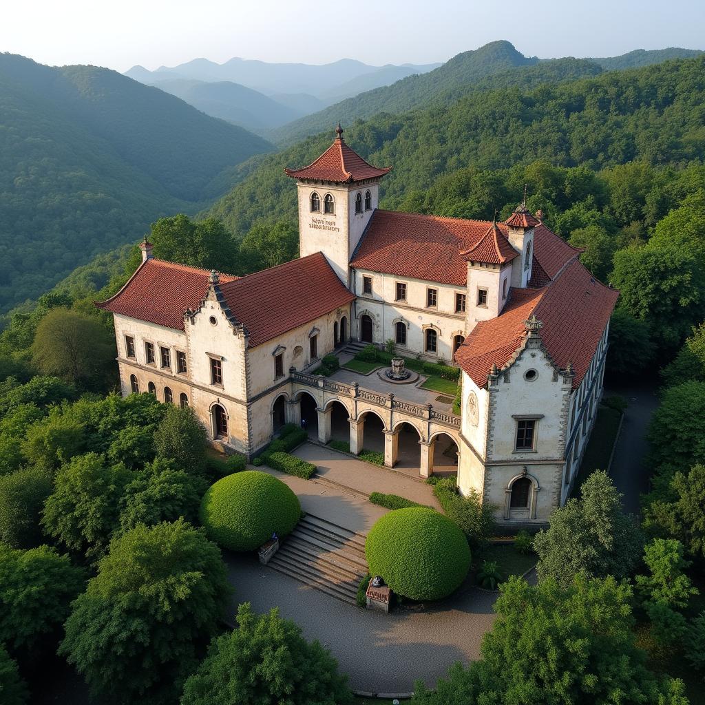 Toan canh sòng bạc Đồ Sơn cũ với kiến trúc Pháp cổ điển, nhuốm màu thời gian, nhìn từ trên cao, xung quanh là cây xanh.