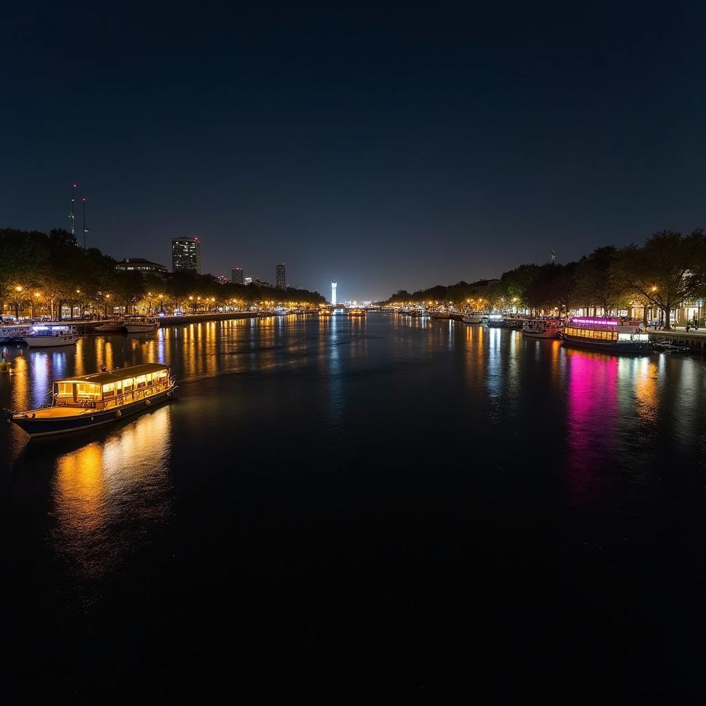 Toàn cảnh sông Tam Bạc Hải Phòng với những con thuyền neo đậu và ánh đèn lung linh về đêm