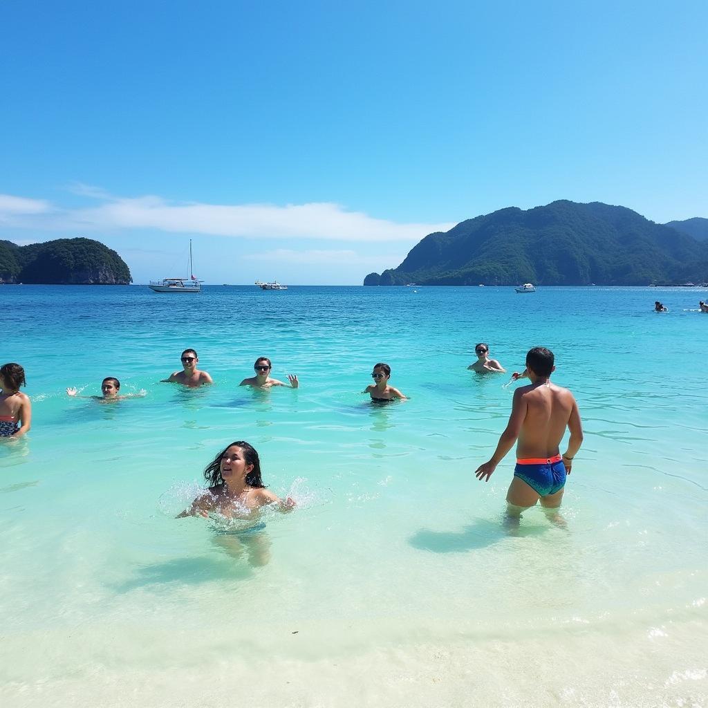 Du khách tắm biển tại đảo Hòn Rùa Đồ Sơn, nước biển trong xanh, bãi cát trắng mịn, không khí trong lành.