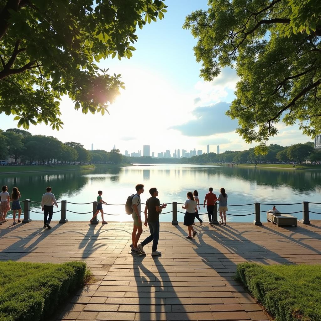 Người dân đi bộ thư giãn quanh hồ điều hòa trung tâm Hải Phòng vào buổi chiều